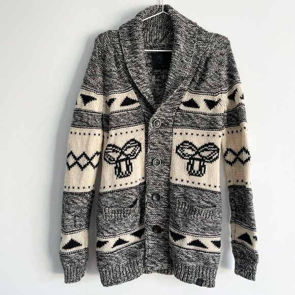 Aritzia TNA Black & White 100% Lambswool Knit Cardigan Shawl Collar Sweater Sz M - Picture 1 of 10